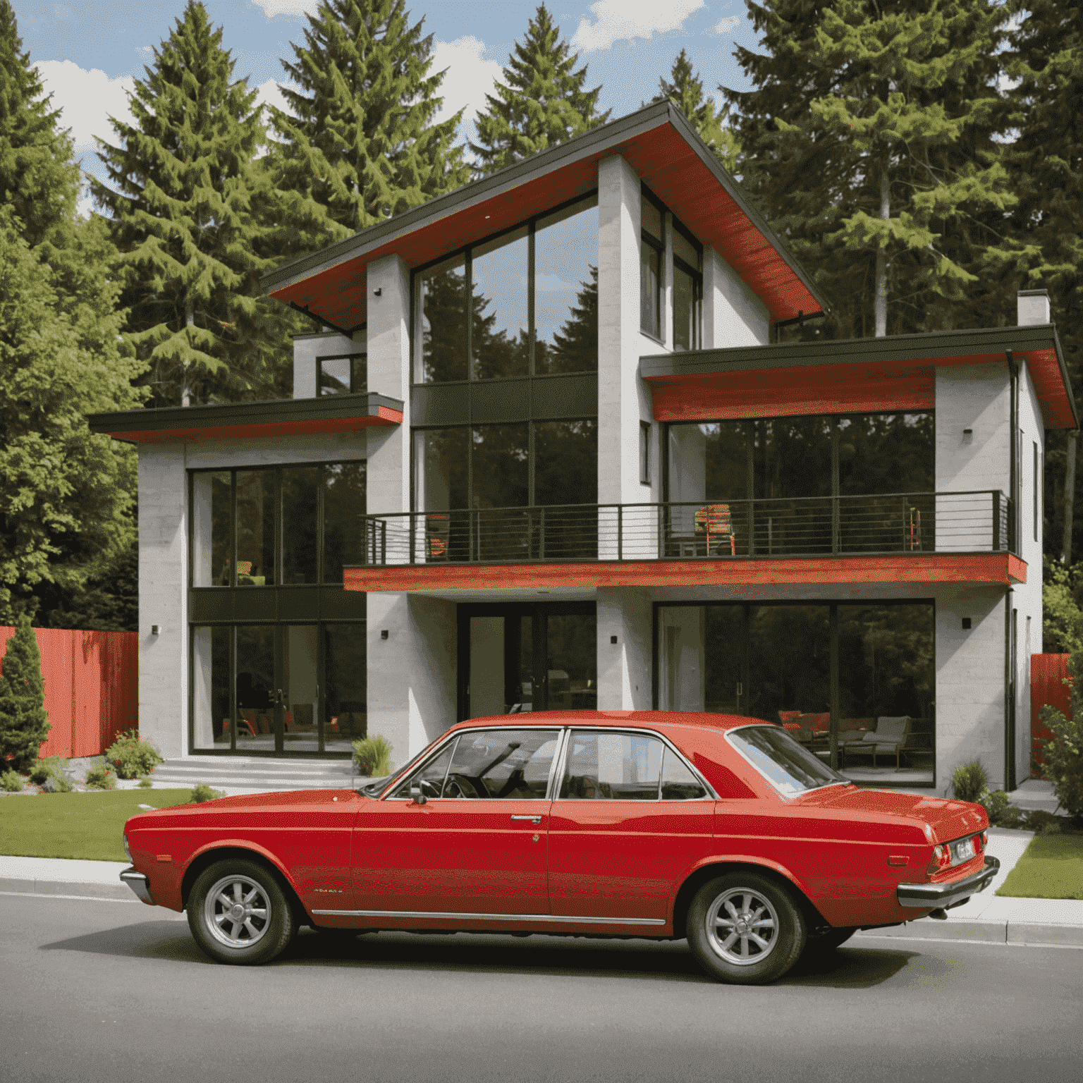 Een rode auto staat geparkeerd voor een modern huis, symboliserend de eerste aankoop van een auto