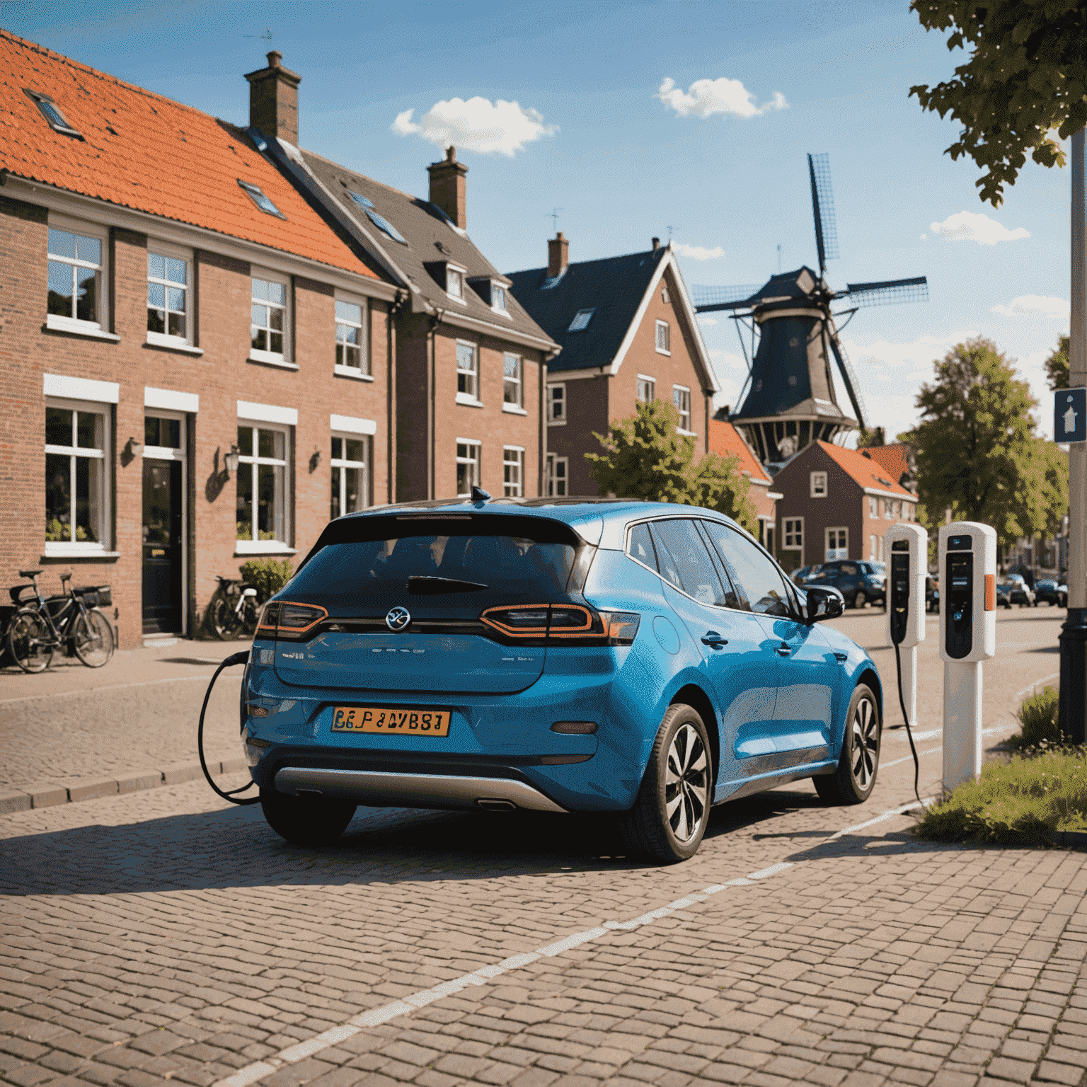 Een elektrische auto die wordt opgeladen bij een laadpaal in een typisch Nederlands straatbeeld met windmolens op de achtergrond